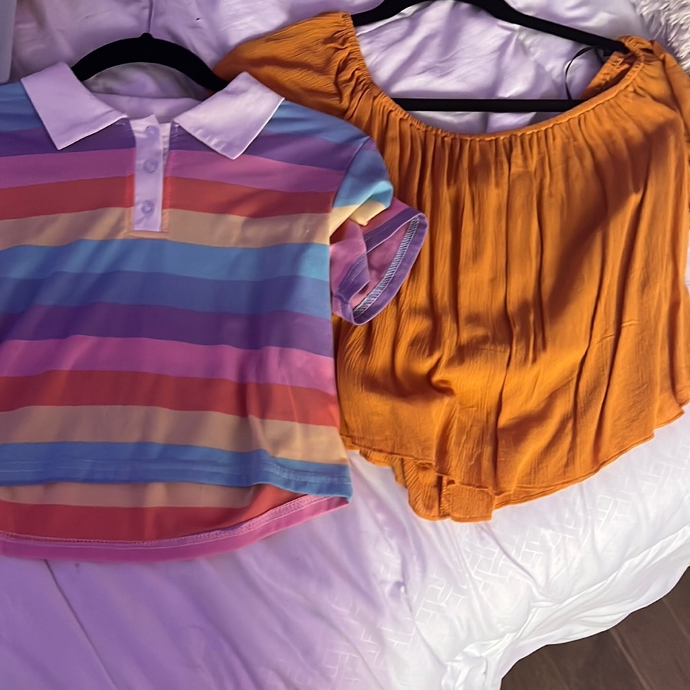 YELLOW AND RAINBOW SHIRTS (off the shoulder) and rainbow cropped